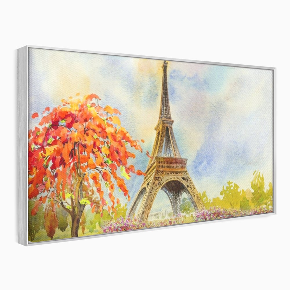 Tablou canvas cu pictura cu turnul eiffel si indragostiti, in rama de aluminiu argintiu